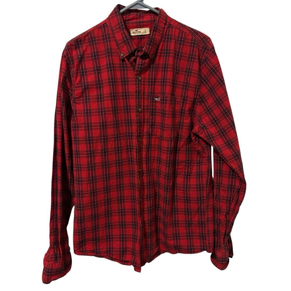 Hollister Men's L Red Plaid Long Sleeve Button Up Shirt Cotton Rodeo Western